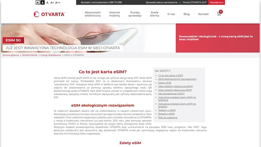 Karta eSIM - operator komórkowy OTVARTA