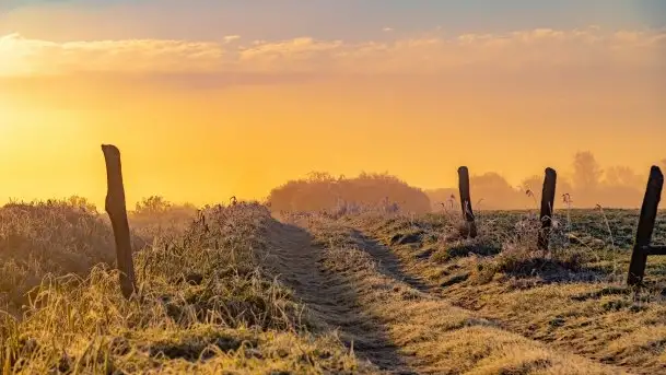 Październikowy wschód słońca, mgły i szron